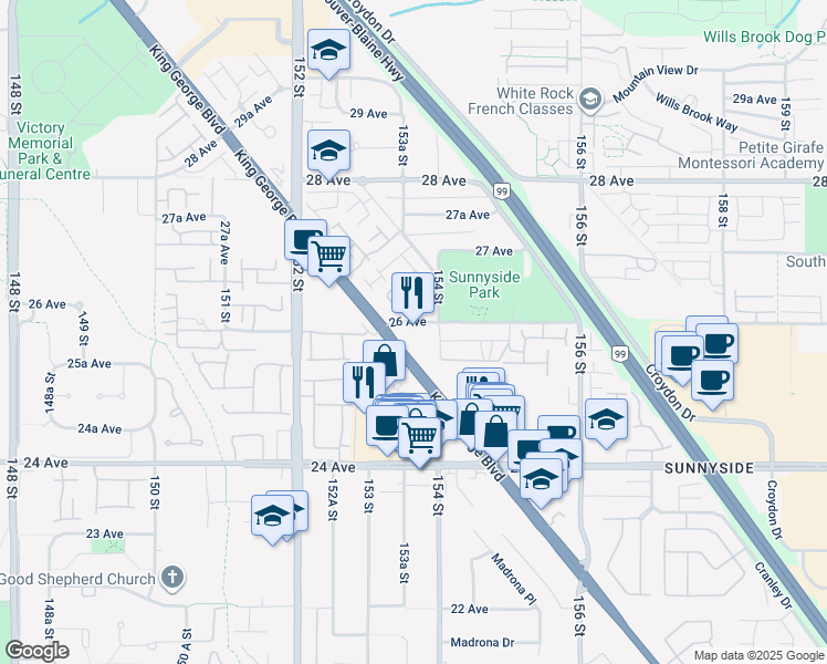 map of restaurants, bars, coffee shops, grocery stores, and more near 2546 D King George Boulevard in Surrey