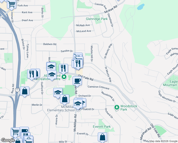 map of restaurants, bars, coffee shops, grocery stores, and more near 34909 Old Yale Road in Abbotsford