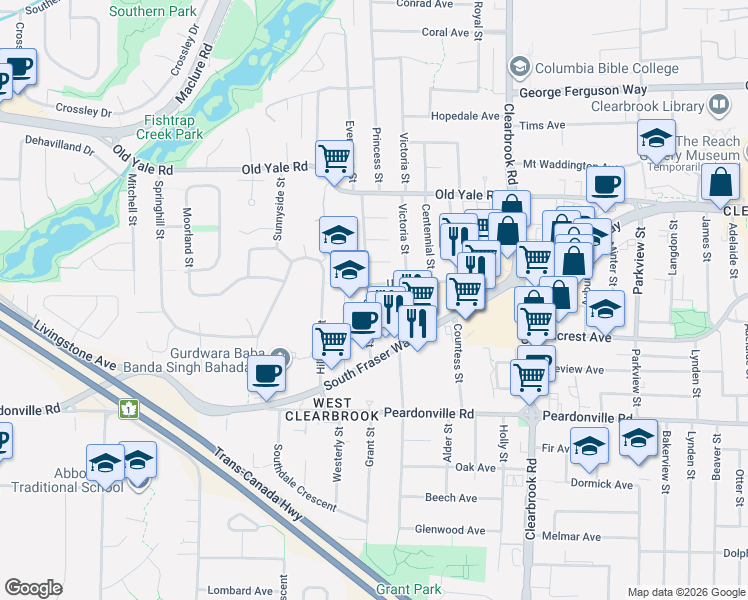 map of restaurants, bars, coffee shops, grocery stores, and more near 2576 Janzen Street in Abbotsford