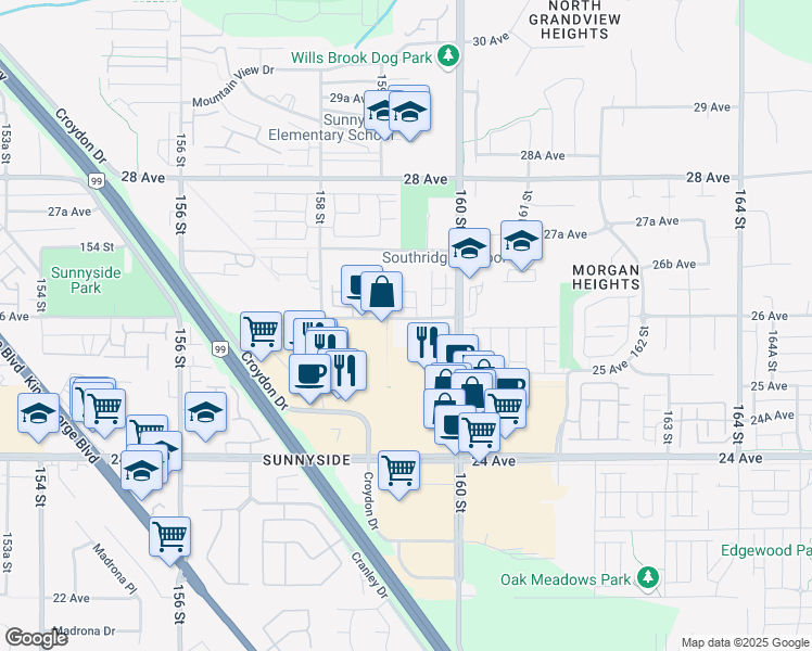 map of restaurants, bars, coffee shops, grocery stores, and more near in Surrey