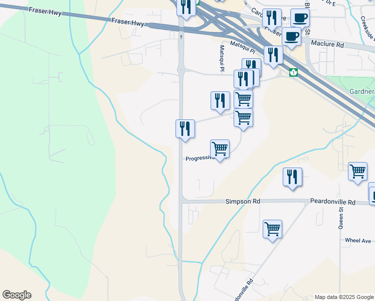 map of restaurants, bars, coffee shops, grocery stores, and more near 2582 Mount Lehman Road in Abbotsford