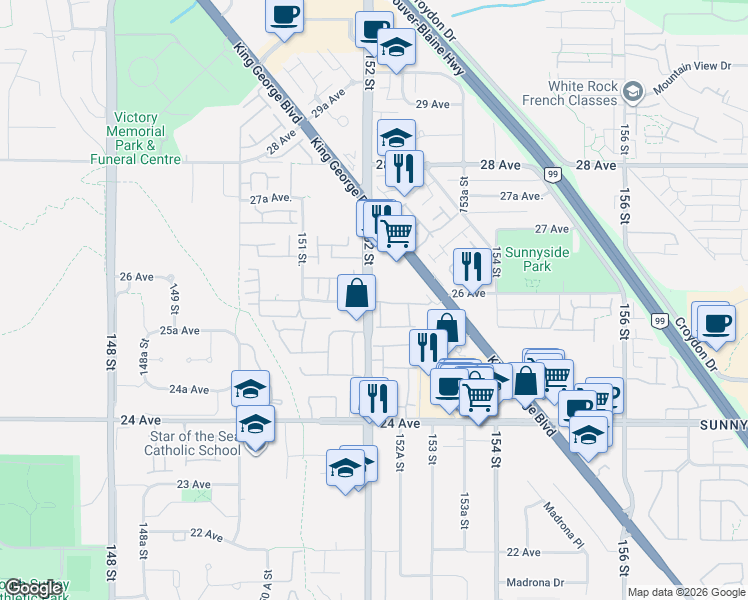 map of restaurants, bars, coffee shops, grocery stores, and more near 2620 152 Street in Surrey