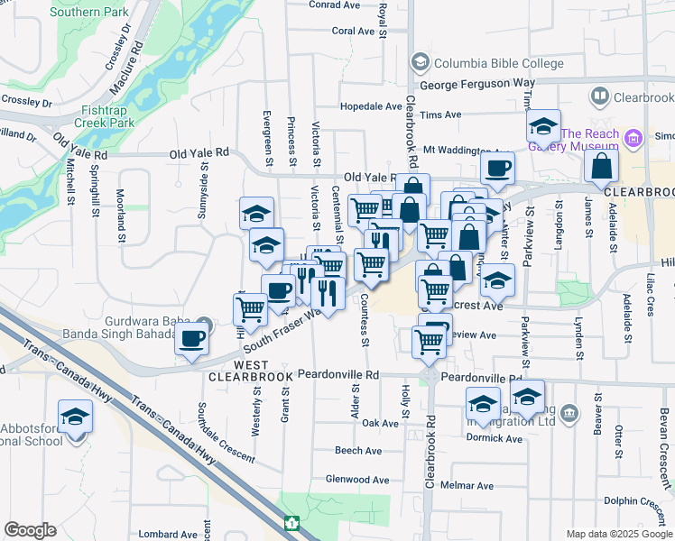 map of restaurants, bars, coffee shops, grocery stores, and more near 31850 Union Avenue in Abbotsford