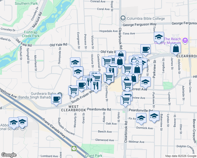 map of restaurants, bars, coffee shops, grocery stores, and more near 31850 Union Avenue in Abbotsford