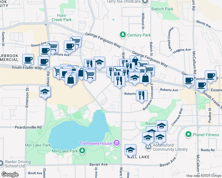 map of restaurants, bars, coffee shops, grocery stores, and more near 2526 Lakeview Crescent in Abbotsford