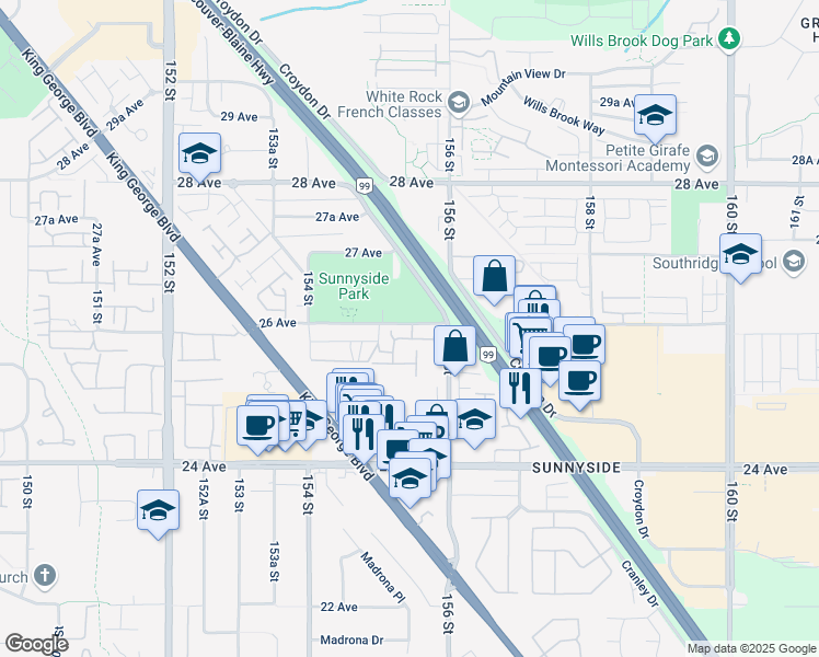 map of restaurants, bars, coffee shops, grocery stores, and more near 15550 26 Avenue in Surrey