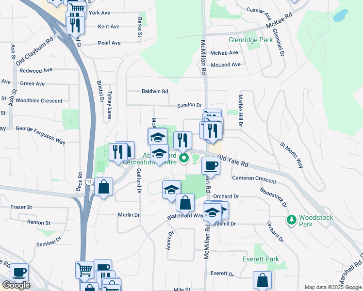 map of restaurants, bars, coffee shops, grocery stores, and more near 2499 McMillan Road in Abbotsford