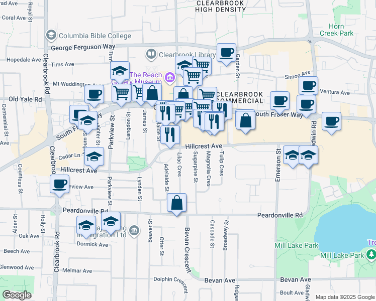 map of restaurants, bars, coffee shops, grocery stores, and more near 2561 Lilac Crescent in Abbotsford