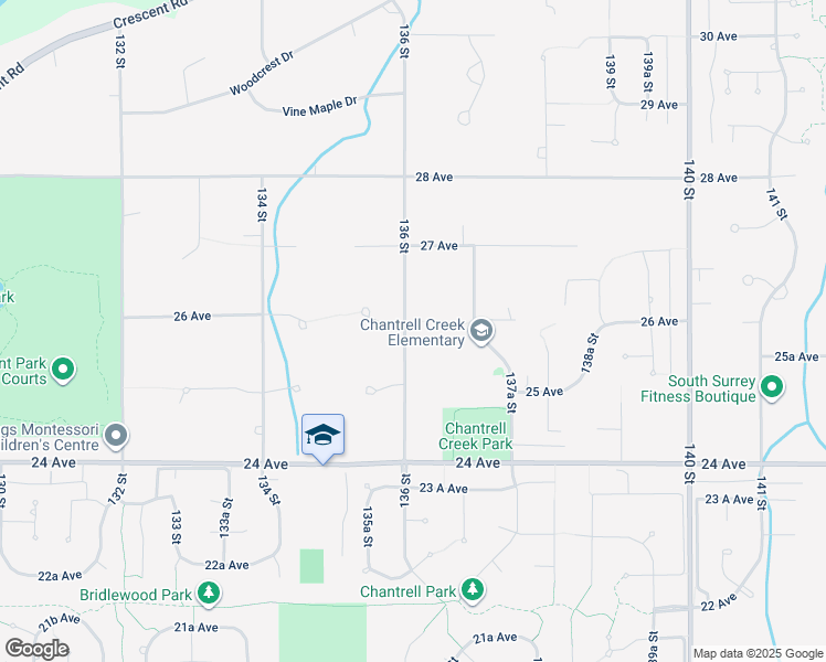 map of restaurants, bars, coffee shops, grocery stores, and more near 2580 136 Street in Surrey