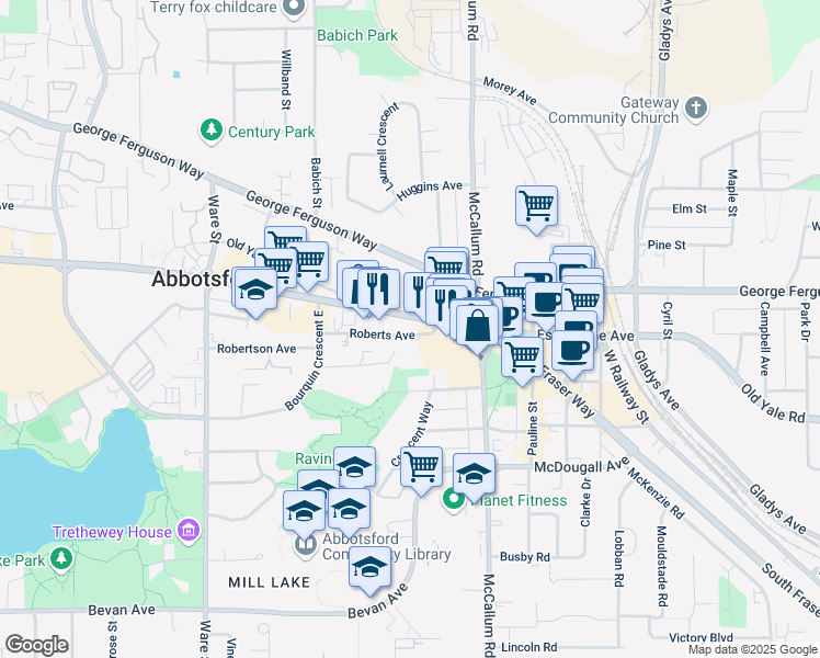 map of restaurants, bars, coffee shops, grocery stores, and more near in Abbotsford
