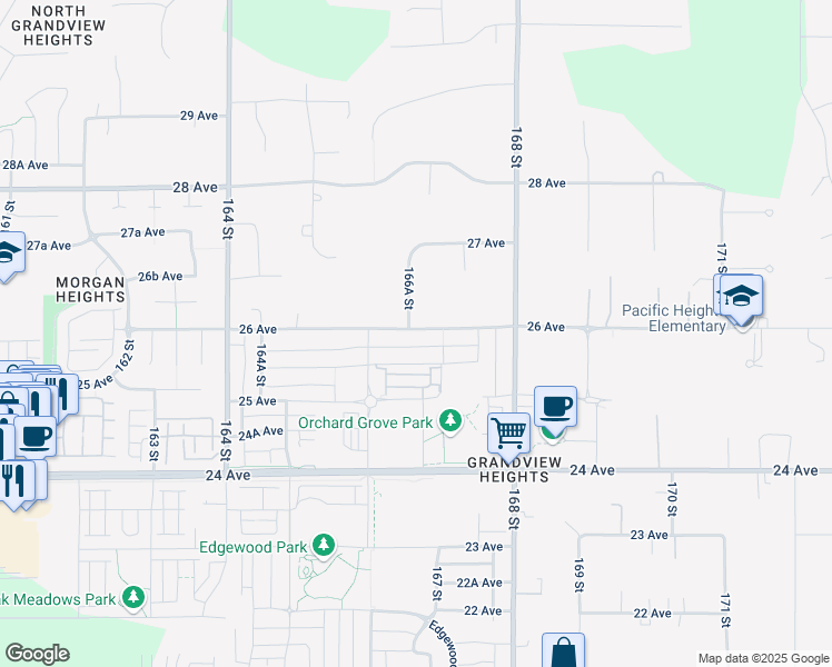map of restaurants, bars, coffee shops, grocery stores, and more near 16623 25A Avenue in Surrey