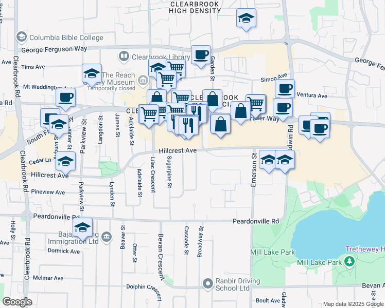map of restaurants, bars, coffee shops, grocery stores, and more near 2589 Tulip Crescent in Abbotsford