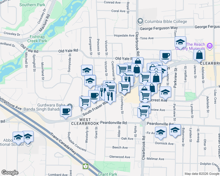 map of restaurants, bars, coffee shops, grocery stores, and more near 31850 Union Avenue in Abbotsford
