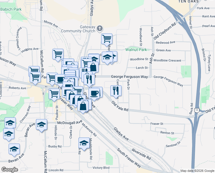 map of restaurants, bars, coffee shops, grocery stores, and more near 33961 Essendene Avenue in Abbotsford