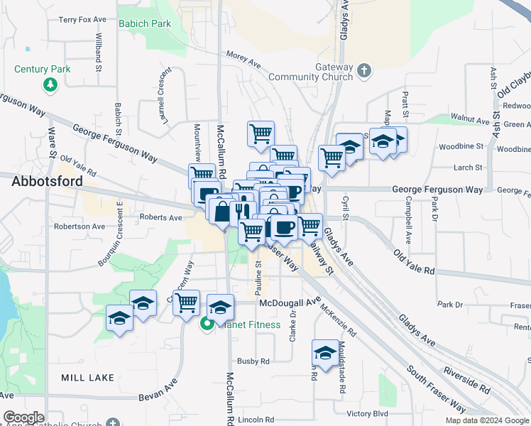 map of restaurants, bars, coffee shops, grocery stores, and more near 33670 South Fraser Way in Abbotsford