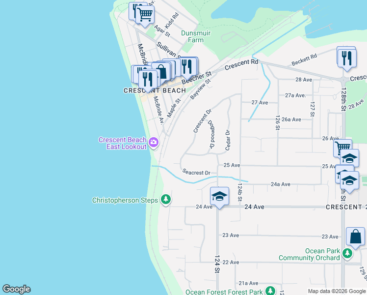map of restaurants, bars, coffee shops, grocery stores, and more near 2547 Crescent Drive in Surrey