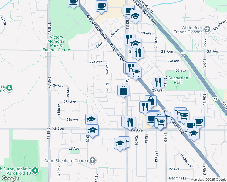 map of restaurants, bars, coffee shops, grocery stores, and more near 15151 26 Avenue in Surrey
