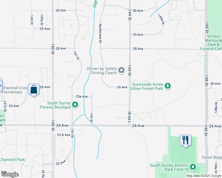 map of restaurants, bars, coffee shops, grocery stores, and more near 14302 26 Avenue in Surrey