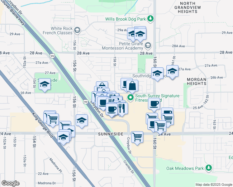 map of restaurants, bars, coffee shops, grocery stores, and more near 26 Avenue in Surrey