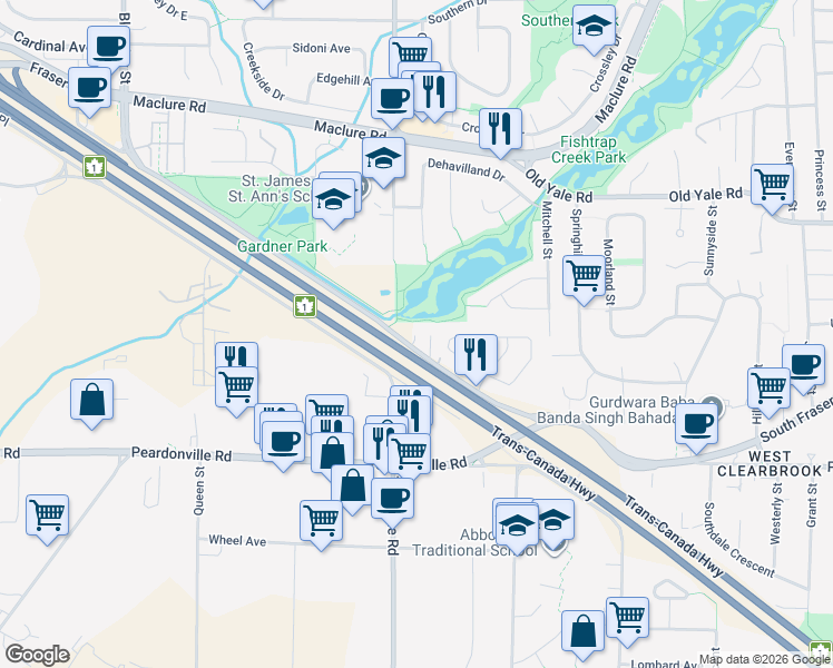 map of restaurants, bars, coffee shops, grocery stores, and more near 31227 Livingstone Avenue in Abbotsford
