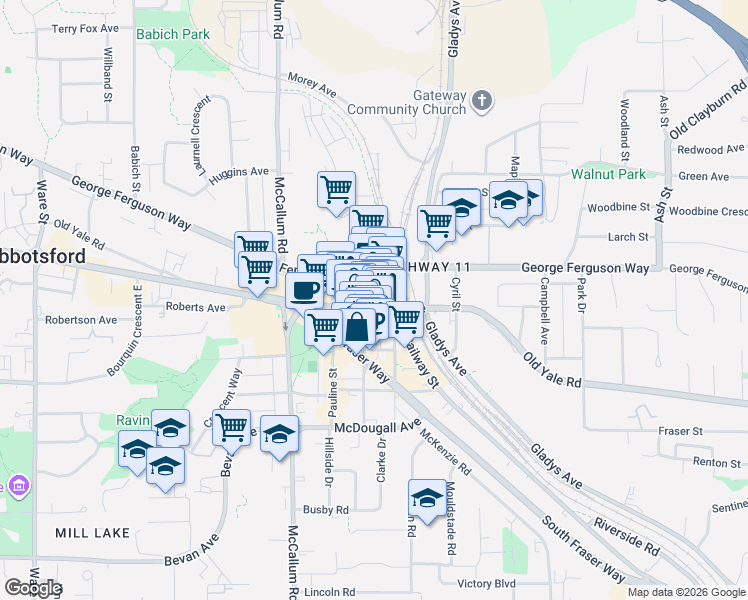 map of restaurants, bars, coffee shops, grocery stores, and more near 33765 Essendene Avenue in Abbotsford
