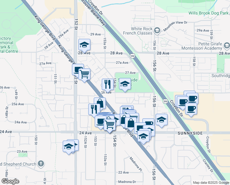 map of restaurants, bars, coffee shops, grocery stores, and more near 154 Street in Surrey