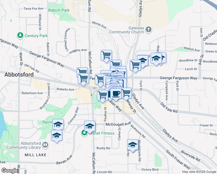 map of restaurants, bars, coffee shops, grocery stores, and more near 33719 Essendene Avenue in Abbotsford