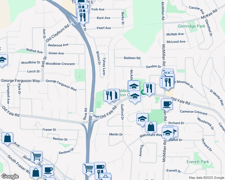 map of restaurants, bars, coffee shops, grocery stores, and more near 2607 Blackham Drive in Abbotsford