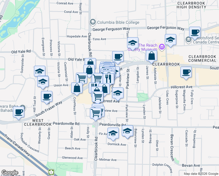 map of restaurants, bars, coffee shops, grocery stores, and more near 2580 Cedar Park Place in Abbotsford