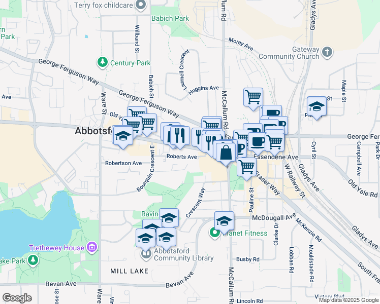map of restaurants, bars, coffee shops, grocery stores, and more near in Abbotsford