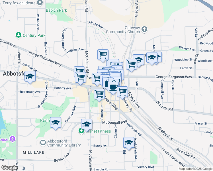 map of restaurants, bars, coffee shops, grocery stores, and more near 2615 Montrose Avenue in Abbotsford
