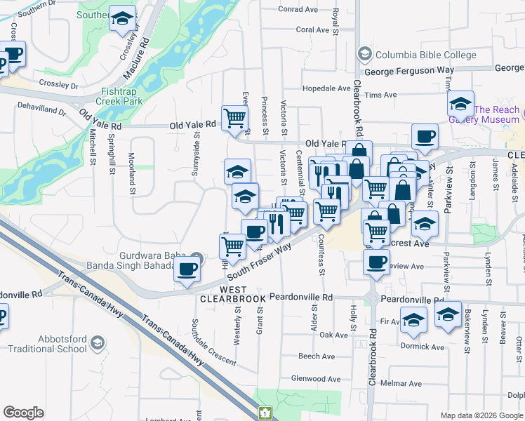 map of restaurants, bars, coffee shops, grocery stores, and more near 2596 Janzen Street in Abbotsford