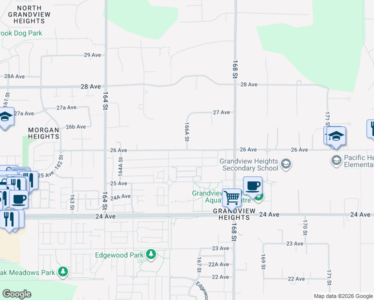 map of restaurants, bars, coffee shops, grocery stores, and more near 2621 166A Street in Surrey