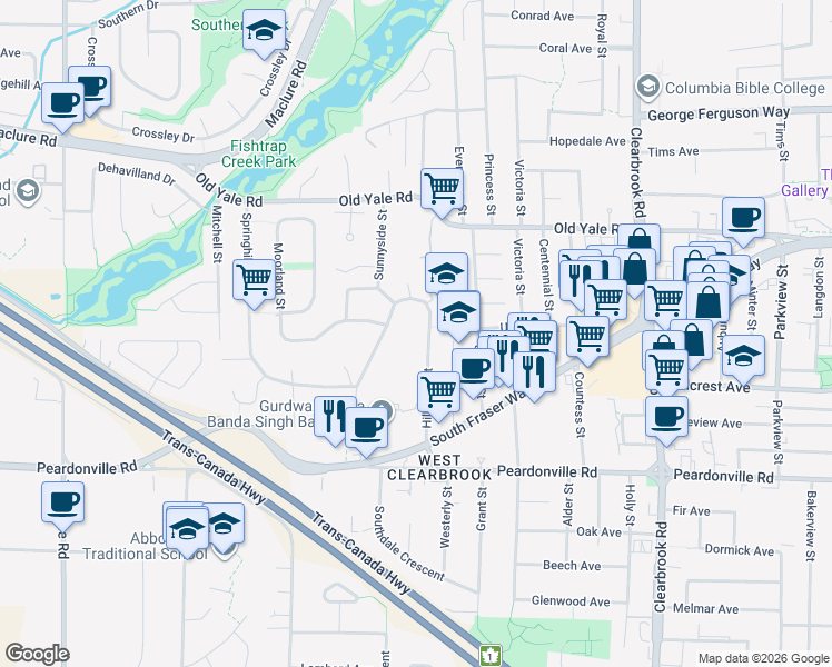 map of restaurants, bars, coffee shops, grocery stores, and more near 2585 Hill Tout Street in Abbotsford