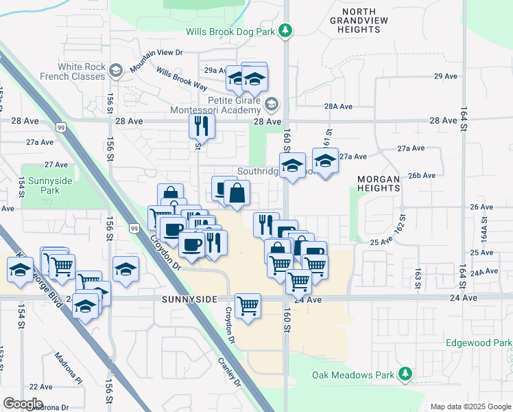 map of restaurants, bars, coffee shops, grocery stores, and more near 1 26 Avenue in Surrey