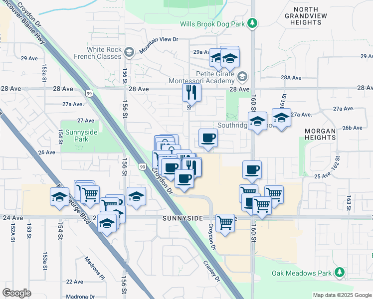 map of restaurants, bars, coffee shops, grocery stores, and more near 2687 158 Street in Surrey