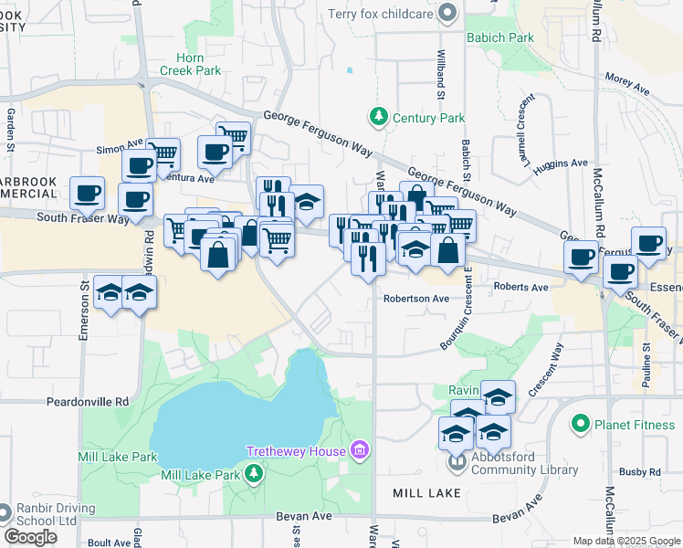 map of restaurants, bars, coffee shops, grocery stores, and more near 33136 Mill Lake Road in Abbotsford