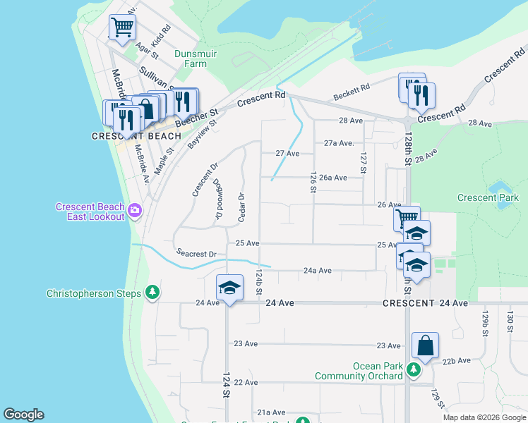 map of restaurants, bars, coffee shops, grocery stores, and more near 2576 124B Street in Surrey