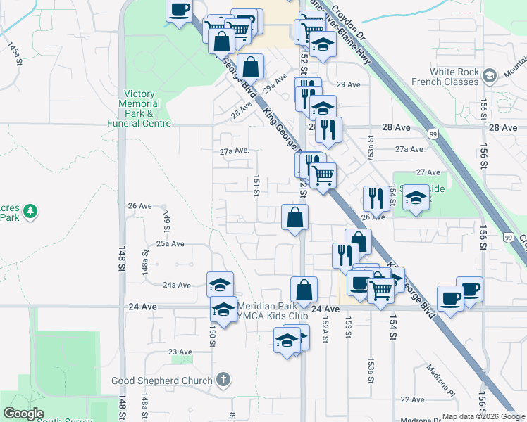 map of restaurants, bars, coffee shops, grocery stores, and more near 15151 26 Avenue in Surrey