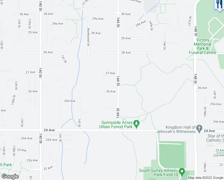 map of restaurants, bars, coffee shops, grocery stores, and more near 14389 26 Avenue in Surrey