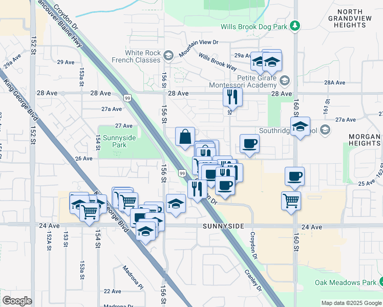 map of restaurants, bars, coffee shops, grocery stores, and more near 2626 Croydon Drive in Surrey