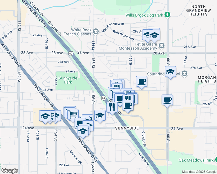 map of restaurants, bars, coffee shops, grocery stores, and more near 2626 Croydon Drive in Surrey