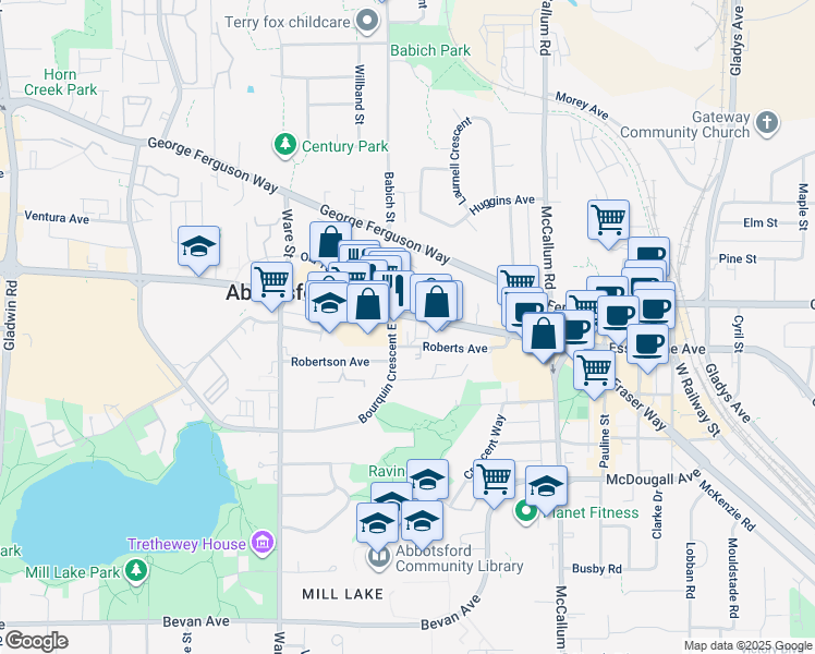 map of restaurants, bars, coffee shops, grocery stores, and more near 33375 South Fraser Way in Abbotsford