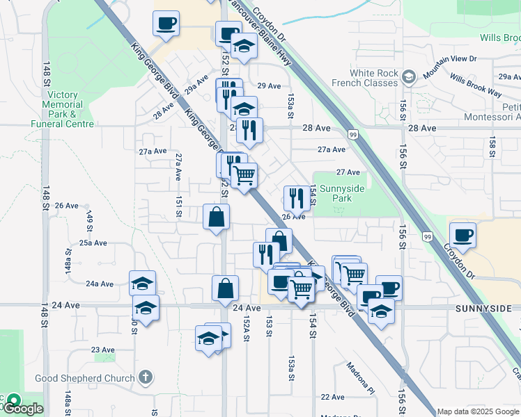 map of restaurants, bars, coffee shops, grocery stores, and more near 2635 King George Boulevard in Surrey
