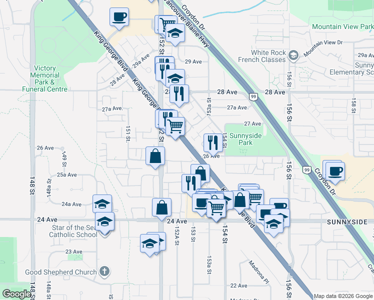 map of restaurants, bars, coffee shops, grocery stores, and more near 2635 King George Boulevard in Surrey
