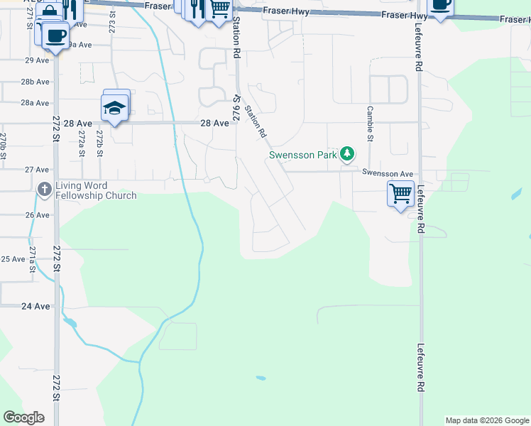 map of restaurants, bars, coffee shops, grocery stores, and more near 2607 Caboose Place in Abbotsford