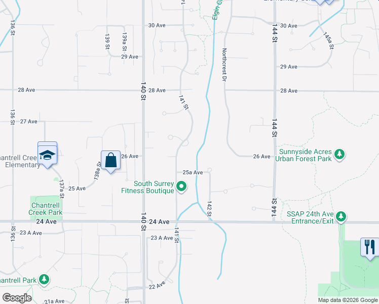 map of restaurants, bars, coffee shops, grocery stores, and more near 2650 141 Street in Surrey