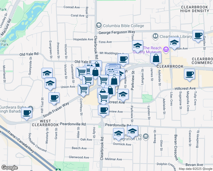 map of restaurants, bars, coffee shops, grocery stores, and more near 32015 South Fraser Way in Abbotsford