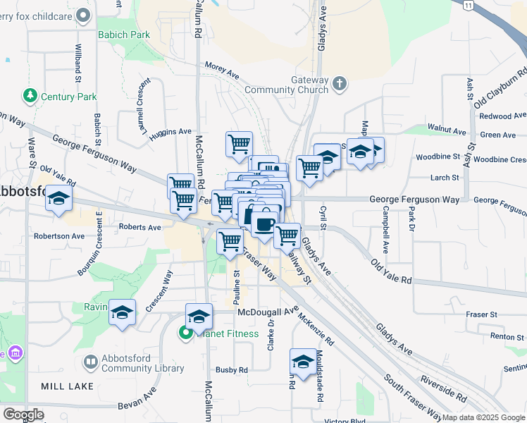 map of restaurants, bars, coffee shops, grocery stores, and more near 2626 Montrose Avenue in Abbotsford