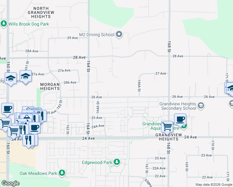 map of restaurants, bars, coffee shops, grocery stores, and more near 16533 26 Avenue in Surrey